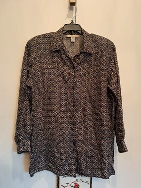 The Bridge 100% Silk Navy and White Geometric Print Button-Front Shirt